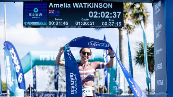 Amelia Watkinson winning the Moo Tri